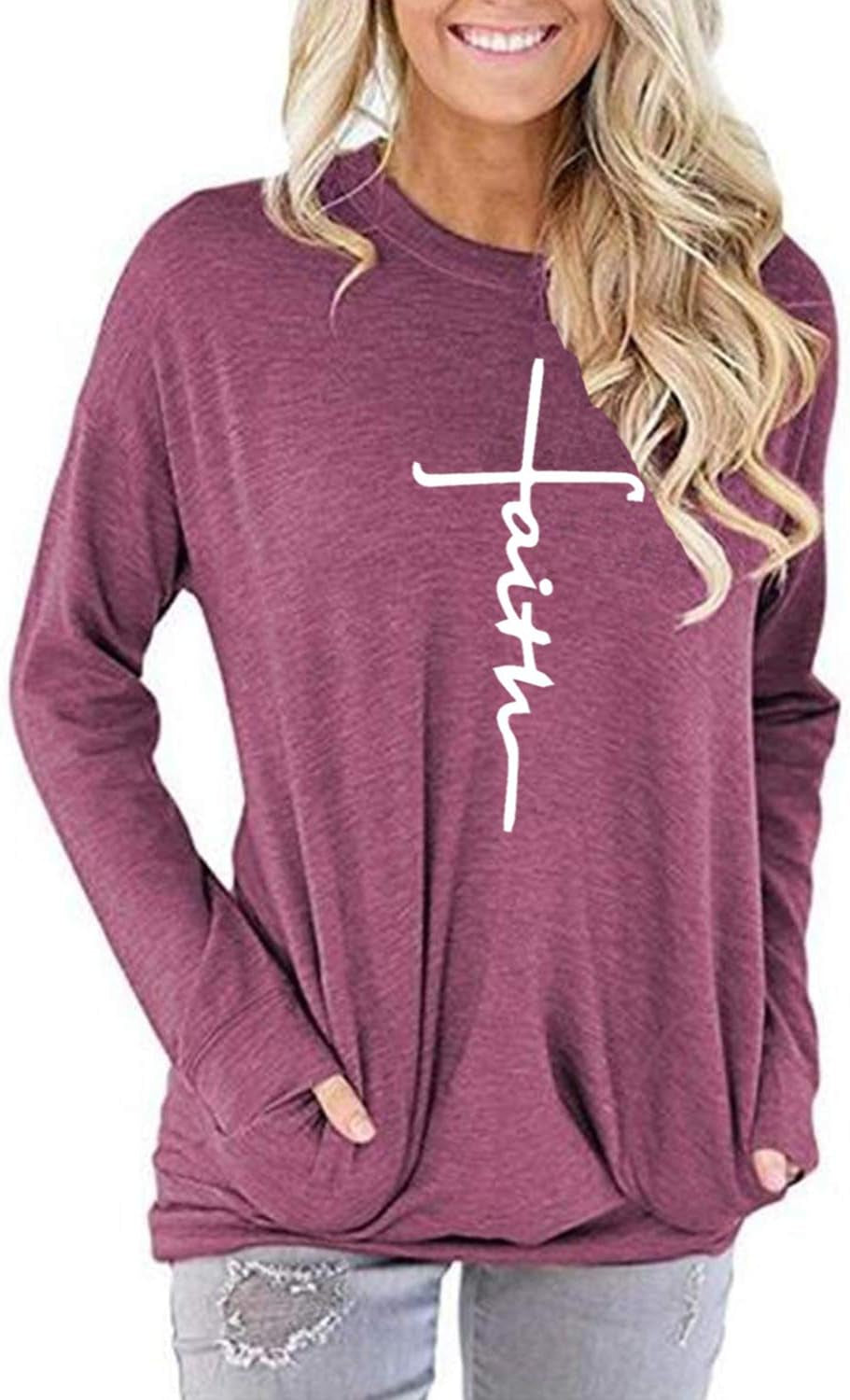 Faith Sweatshirt Loose Fit Long Sleeve Tunic Top with Pockets