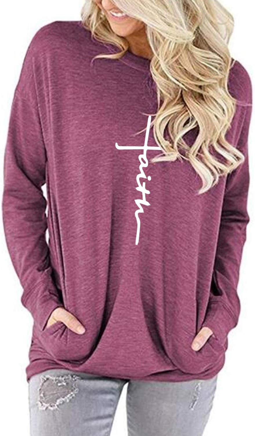 Faith Sweatshirt Loose Fit Long Sleeve Tunic Top with Pockets